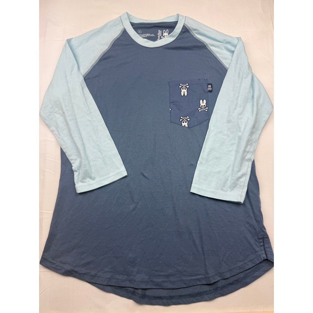 Psycho Bunny Raglan T-Shirt Small Blue Pocket Logo Crew Neck Tee